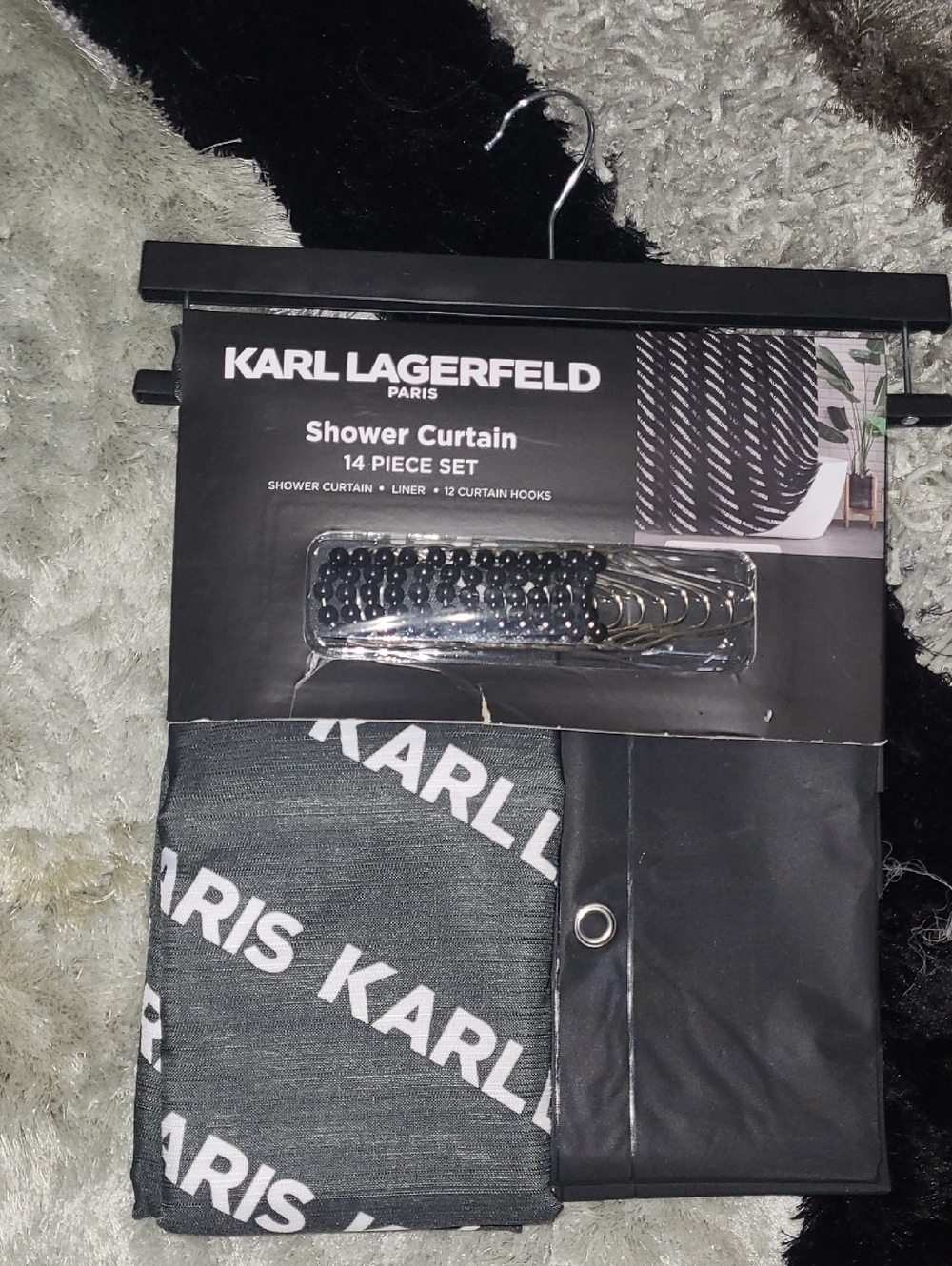 Karl Lagerfeld Black & White Logo Shower Curtain - 14 Pc Set